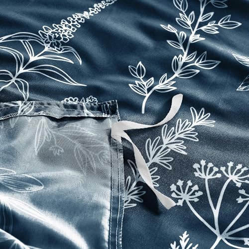MUXHOMO Duvet Cover Queen Size, Reversible Floral Navy Duvet Cover Set with Zipper Closure, 3 Pieces Botanical Patterns Soft Microfiber Bedding Set with 4 Ties (90"x90", 2 Pillow Cases)