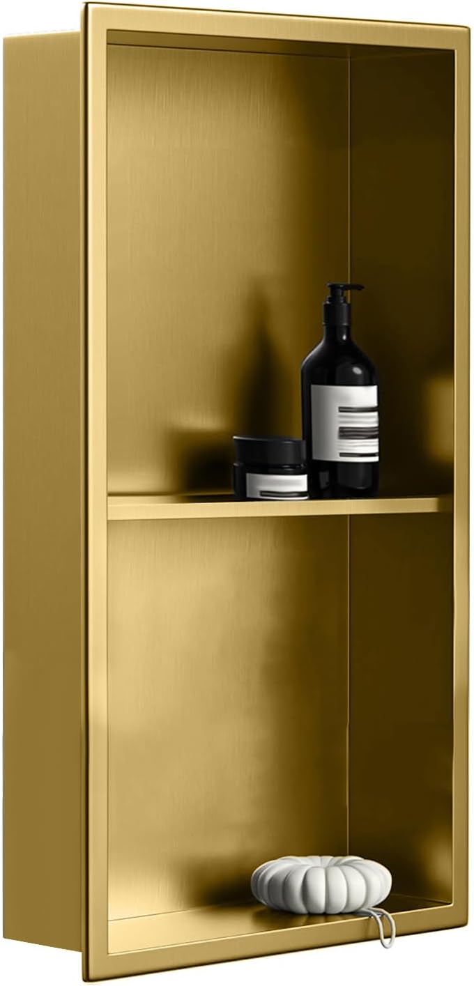Waterproof Stainless Steel Shower Niche, Recessed Double Storage Shelf, Easy to Clean, Home Organization Frame Shower Niche for Bathroom,Gold,27.5x11x4.9in