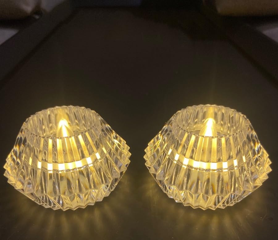 Crystal Diamond Cut LED Tea Light Candles | Flameless & Smokeless Acrylic Diya with Warm Glow | Battery Operated Light for Home, Pooja Room, Diwali, Navratri, Wedding, Party & Christmas Décor (2)