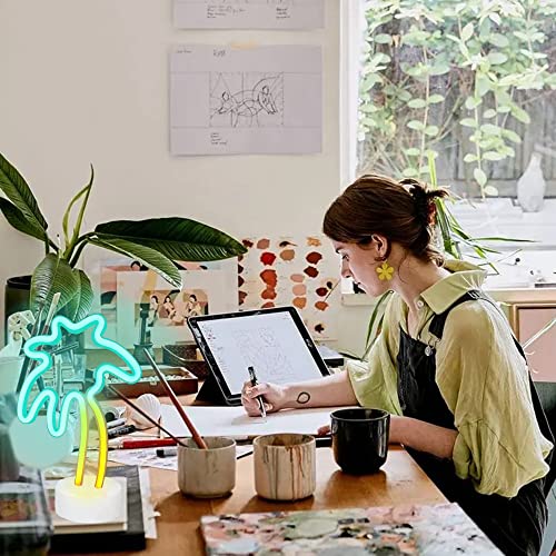 Image of LED Palm Tree Neon Sign - Battery /USB Powered Coconut Tree Light with Stand, Palm Tree Lights Tabletop Lamp for Bedroom, Tropical Hawaiian Tiki Bar Decor, Perfect for Luau Parties & Birthday Gifts