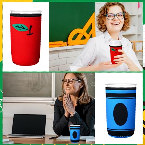 Teecyhooo 12 Pcs Teacher Appreciation Gift Reusable Iced Coffee Sleeve Insulator for Iced Hot Drinks Cold Beverage Neoprene Cooler Cover Thank You Gift for Teacher's Day Graduation(Cute)