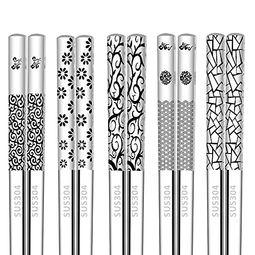BUMACO 5 Pairs Metal Chopsticks Reusable Japanese Korean Style Stainless Steel Chopstick, Square Lightweight Laser Pattern Chop Sticks Dishwasher Safe - Gift Set (Type-B)