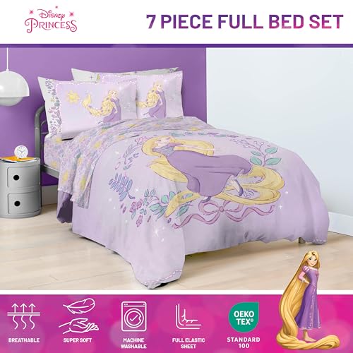 Image of Disney Princess Full Size Comforter Set 7 Piece Kids Bedding, Purple | Rapunzel, Bed in a Bag, Comforter Sheets Shams Pillowcases, Official Brand, Soft Microfiber, Machine Washable, Girls Gift