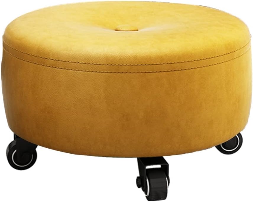 Round Low Rolling Stool with 360°Swivel Wheels,Movable Chair PU Leather Roller Seat Stool Chair,Rolling Seat Stool for Home Office Garage Shop Fitness Sport Yellow (Yellow)