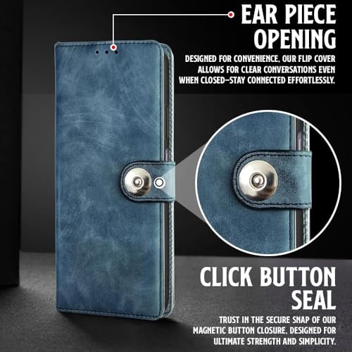Image of Genuine Leather Finish Flip Back Cover Case for Mi Redmi A4 5G / Redmi 14C 5G / Poco C75 5G / Poco M7 5G | Inbuilt Pockets & Stand | Designer Button Magnet Flip Cover (Faux Leather (Blue)