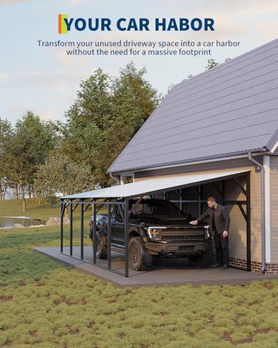Image of Garvee 12x25 ft Lean-to Metal Carport, Vertical Roof Wall-Mounted Car Port for Snow Shedding, Heavy-Duty 19-Ga. Steel Frame, 107 inch to 78 inch Height for Long-Bed Pickup & SUV