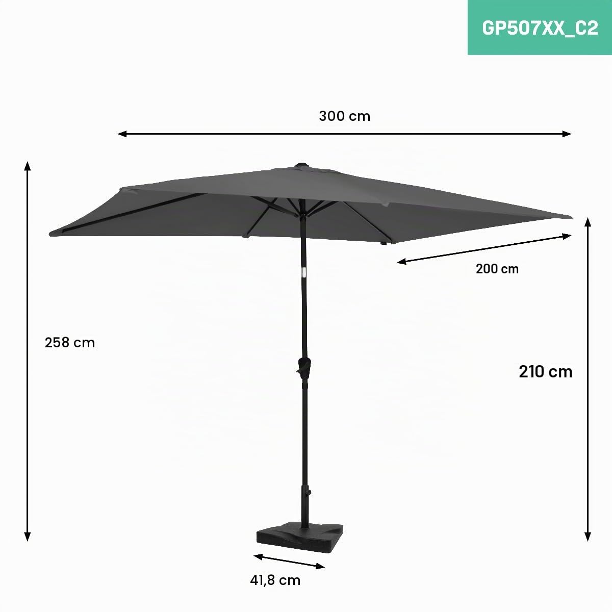 VONROC Ombrellone da giardino Rapallo 200x300 cm con Base da 20 kg, Inclinazione Regolabile, UPF 50+, Manovella Facile e Copertura Protettiva Inclusa Nero