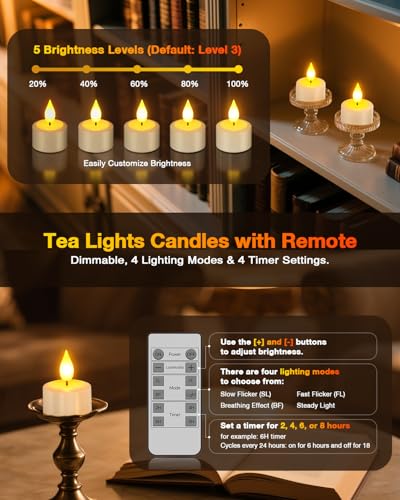 Image of Yme Tea Lights Candles Battery Operated, Rechargeable with Remote & Timer | USB-C Charging Cables, Flickering Flameless LED Votives Candles,for Lantern, Table, Halloween, Christmas, Party Decor, 12PCS