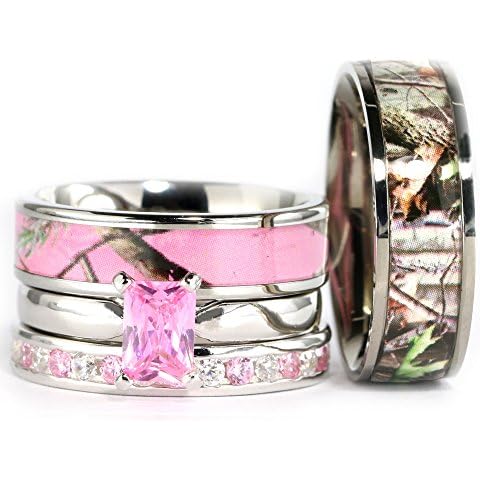 4pcs His Hers Camo Pink Radiant Stainless Steel Sterling Silver Wedding Ring Set (Size His 08, Hers 08) Cover