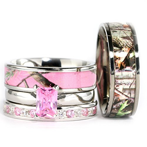 4pcs His Hers Camo Pink Radiant Stainless Steel Sterling Silver Wedding Ring Set