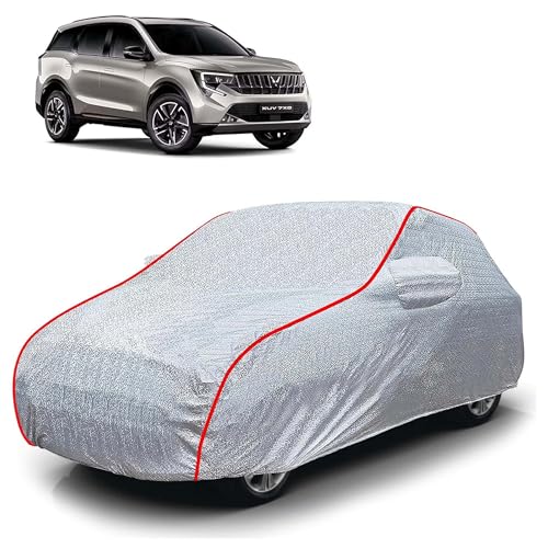 Image of Sulfar 100% Waterproof Car Body Cover Compatible with Mirror for Mahindra XUV 7XO (Triple Stitched, Full Bottom Elastic, Magic Silver with Red Piping)