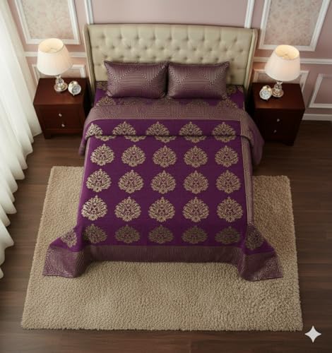 Image of Fresh from Loom Bed Cover, Dimas Print Printed Bedsheet Set with 2 Pillow Covers, Chenille 500 TC Fabric, Soft Comfortable Bed Cover for Bedroom Decor, Br 90x100 Inches | Jhumka Purple | Chenille
