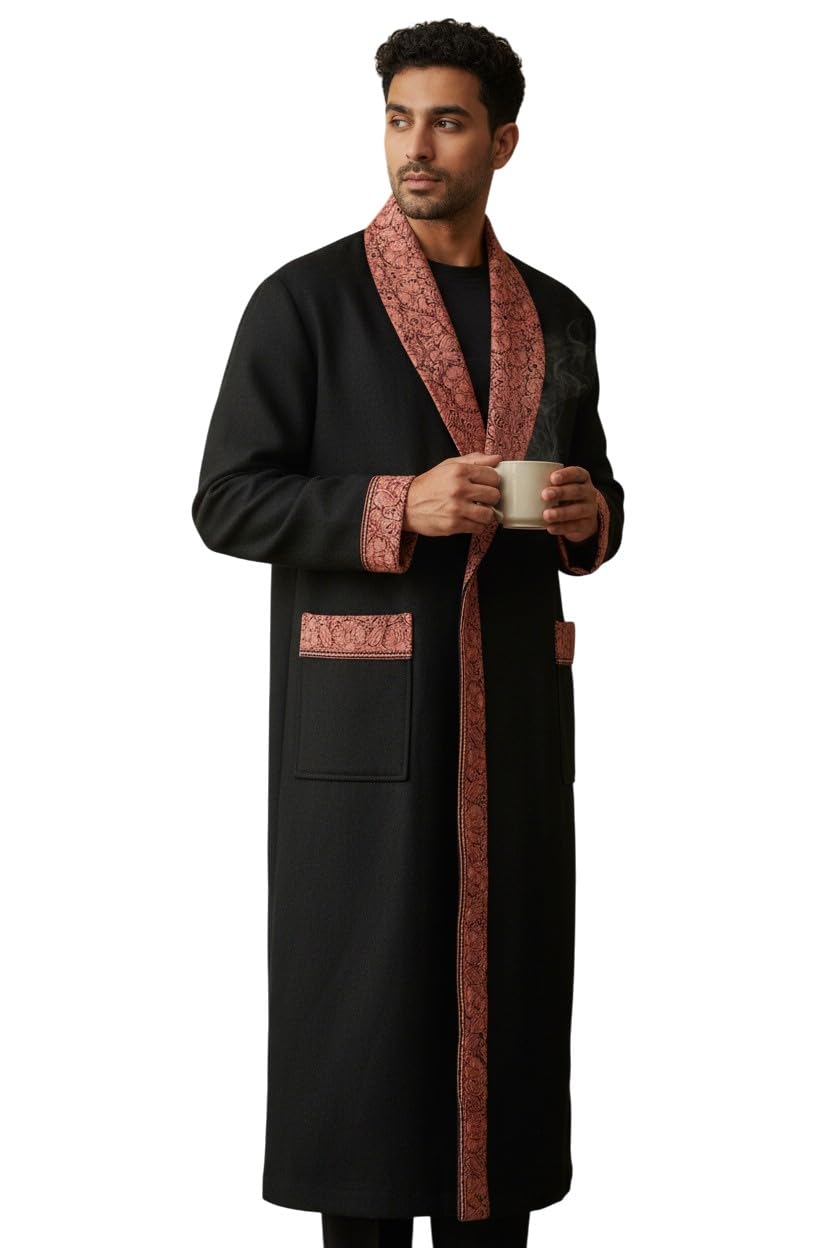 Men Woolen Nightgown Dressing Gown Sleep And Lounge Wear With Kashmiri Charming Embroidery Free Size (1, Black-10)