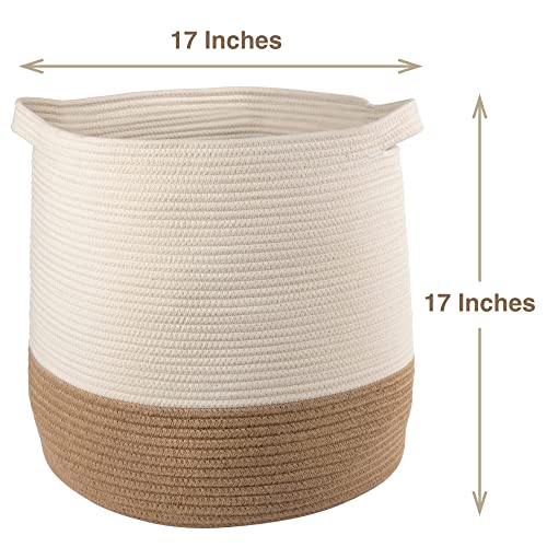 GooBloo Large Cotton Rope Woven Basket - 17 x 17” Tall Decorative Storage Basket for Living Room, Toys or Blankets - Wicker Baskets with Handles, Blanket Basket - Cute Baby Laundry Hamper