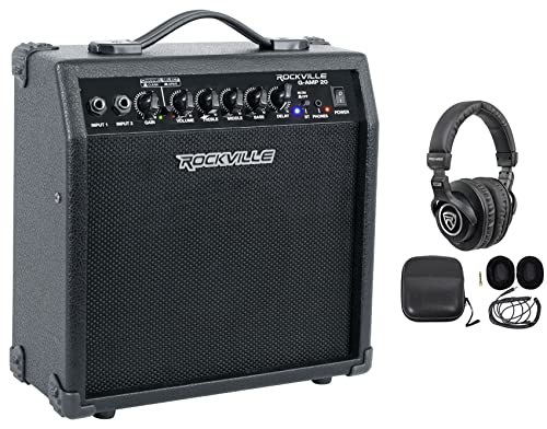 Rockville G-AMP 20 Bundle: 20 Watt Dual Input Guitar Amplifier Combo with Bluetooth and Delay, PRO-M50 Studio Headphones with Case and Extra Ear Pads, 2-Items