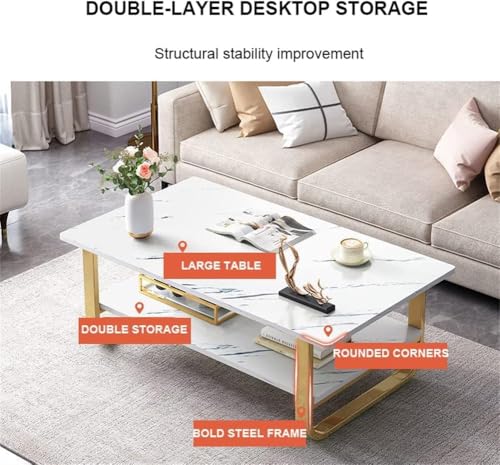 Image of Engineered Wood Coffee Table with Metal Base & 2 Tier Storage | Modern Rectangle Center Table for Living Room Sofa Set | Easy DIY Assembly (90 x 48 x 48 cm) (White Gold)