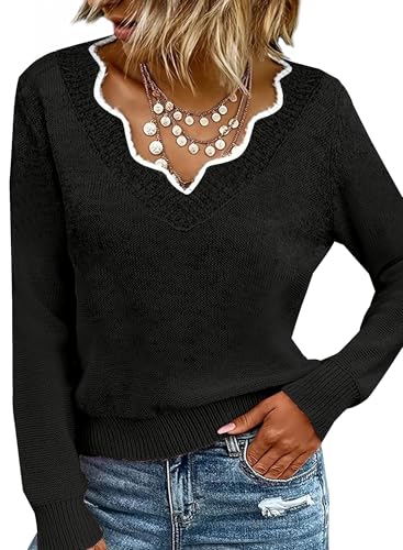 Sweaters for Women 2026 Black Spring V Neck Pullover Cozy