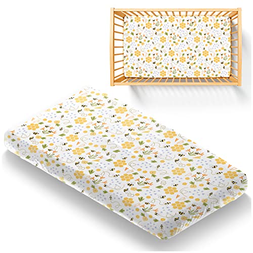 Image of Carlsbad Linen Company Organic Fitted Crib Sheet Sustainable Breathable Muslin and Silky Soft Bamboo for Baby Boy or Girl Toddler (52"x28"x8") Honeycomb and Sweet Bees