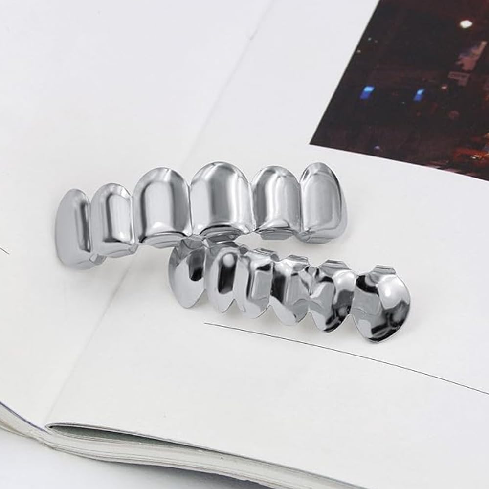 SSyang Hip Hop Teeth Grills for Mouth Braces Decoration with 2 Silicone Moldings Hip Hop Teeth Grills for Mouth Top Bottom Music Festival Party Hip Hop Rapper Decorations (Silver) - Image 3