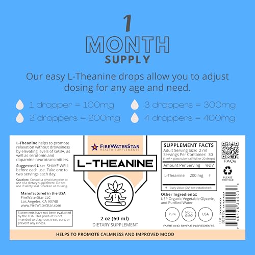 Image of FWS L Theanine Liquid Drops, 200mg 99% Pure Bioactive L-Theanine, Organic, Natural, Vegan, Non GMO Helps to Promote Calmness, Relaxation, Improved Mood, Restful Sleep, for Adults and Kids