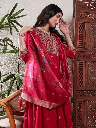 Image of SHOPPING QUEEN Women's Silk Embroidered Kurta Set with Dupatta