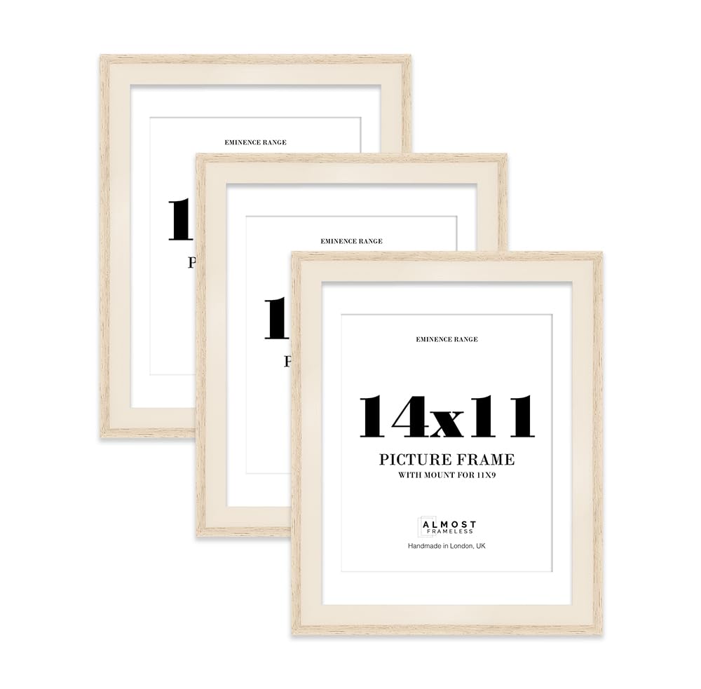 14x11" Oak Picture Frame with 11x9" Mount - Shabby Chic Photo Frame with Distressed Finish, Wall Hooks and Kickstand, 32mm Edge - 3 Pack