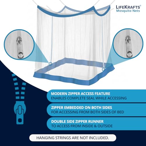 Image of LifeKrafts Bed Mosquito Net - Mega King Size Polyester Machardani (8ft x 8ft,Elegant White with Blue Border) | Double Zipper Entry | Washable & Durable Net for Peaceful Sleep