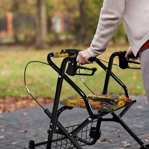 Image of Universal Rollator Walker Seat and Backrest Covers for Ladies Flower Black Cat Rollator Accessories Cute Walkers for Seniors with Seat Covers