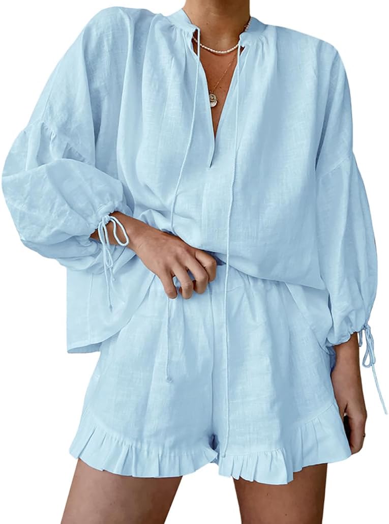 Women Ruffle 2 Piece Sets Long Sleeve Button Down Shirt and Shorts Pajamas Sets