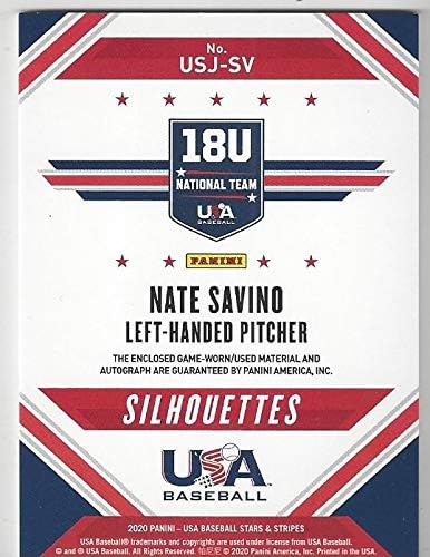 Nate Savino Silhouettes Autographed Memorabilia Game Used Serial Numbered #268/299 Collectible Jersey Baseball Card - 2020 Panini USA Baseball Card #USJ-SV (18U National Team) Free Shipping