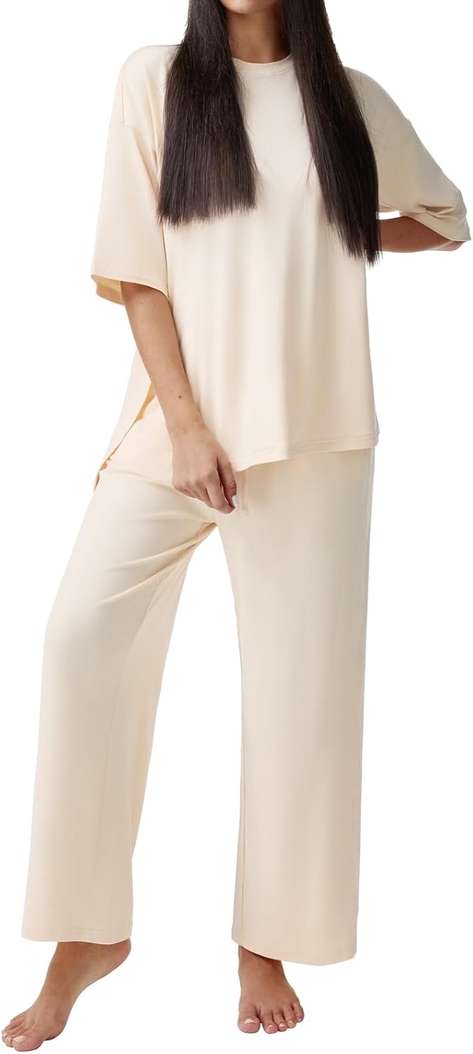 REORIA Womens Fall Lounge Sets Sleepwear Short Sleeve Tops and Long Pants 2 Piece PJ Pajama Sets