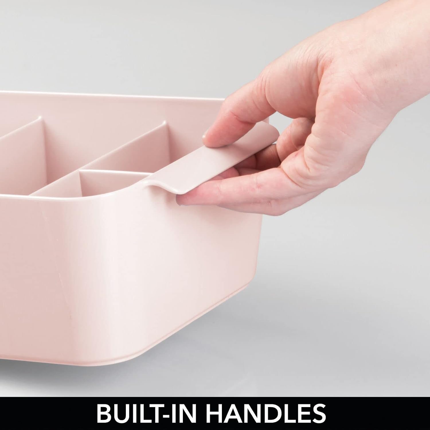 mDesign Plastic Makeup Storage Organizer Caddy - Divided Basket Bin for Bathroom Vanity Countertop, Cabinet - Holds Eyeshadow Palettes, Nail Polish, Brushes, Shower Essentials - Small - Light Pink