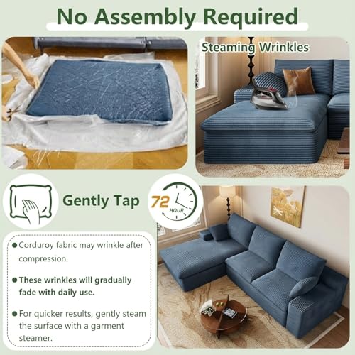 Image of 107 inch Cloud Couch Modular Sectional Sofa for Living Room, L-Shape Boneless Couch with Deep Seat, Modern Corduroy 3-Seater, No Assembly Required (Blue,Left-Facing Chaise)