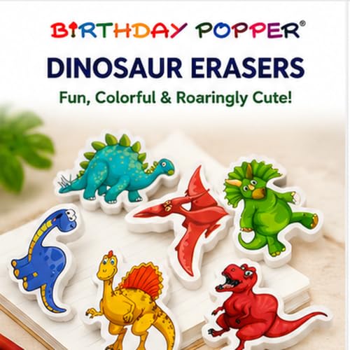 Image of Birthday Popper Birthday Return Gift for Kids Dino Erasers, 36 Pcs | 5 mm thick erasers; assorted cartoon dinosaur shapes; suitable for classroom rewards, stationery and school supplies