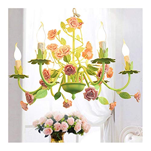 Kerzen Kronleuchters,Rustikale Stil Blumen Pendelleuchte 6 Flammig E14 Kreative Romantische Keramik Rose Deko Hängeleuchter Ländliche klassisch Deckenbeleuchtung für Wohnzimmer Schlafzimmer Korridor Cover