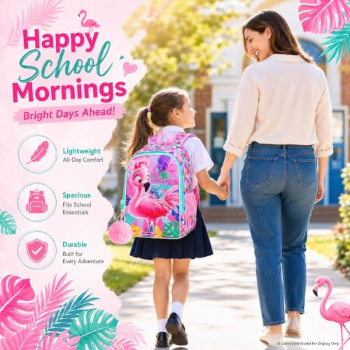 Image of AGSDON 3PCS Flamingo Backpacks for Girls, 16 inch Kids Backpack with Lunch Box, Water Resistant Girl Reflective Bookbag for Elementary