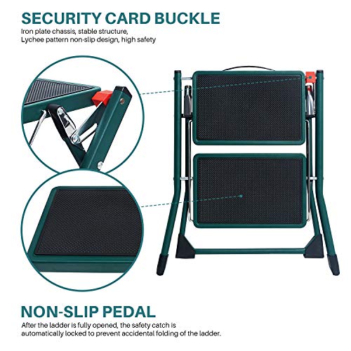 Delxo Step Stool Folding Ladder 2 Step Stool Heavy Duty Steel Sturdy Wide Pedal Lightweight Anti-Slip Portable & Collapsible Stool Folding Ladder Kitchen Step Stool For Adults 330 Lbs Green #TOP1