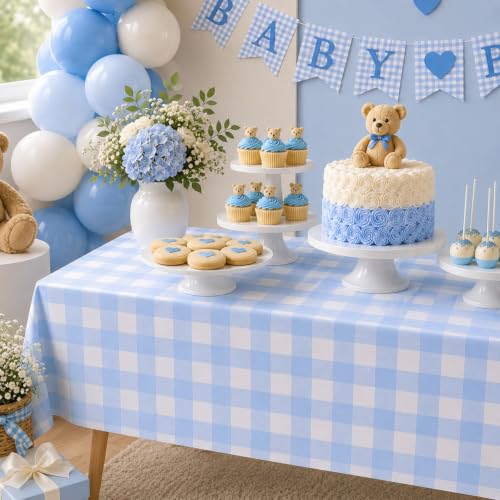 Image of Blue Orchards Light Blue Gingham Table Cover (Pack of 3 with 20 Glue dots) - 54 inchx108 inch XL - Light Blue and White Checkered Picnic Tablecloth, Baby Shower Decoration, Outdoor Birthday Party Supplies
