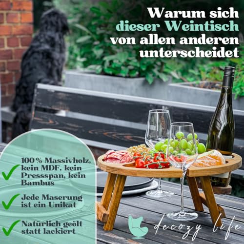 Decozy Life Weintisch Akazie Massivholz - Weinbar & Weintablett für Zuhause oder Outdoor - geeignet als Picknicktisch klappbar - Nutzbar als Weinhalter & Ideal als Strandtisch & Picknick Zubehör