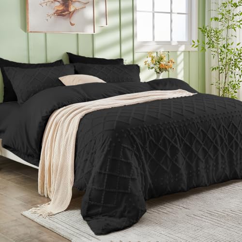 HYMOKEGE Duvet Cover Queen Size, Boho Tufted Duvet Cover Set 3 Pieces, Soft & Lightweight Shabby Chic, Embroidery Bedding Set for All Seasons, 90" × 90" & 2 Pillow Shams, Black by HYMOKEGE - Used condition - Image 2