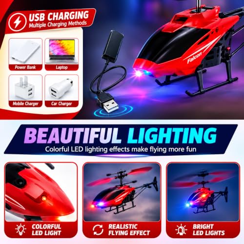 Image of KIDZYMON Dual Operating Gravity Sensor Flying Helicopter Toy for Kids, Rechargeable Battery, Up & Down Flight, 3D LED Lights, Safety Sensor, Hand & Remote-Controlled, Age 4+ Years, Pack of 1 (Red)
