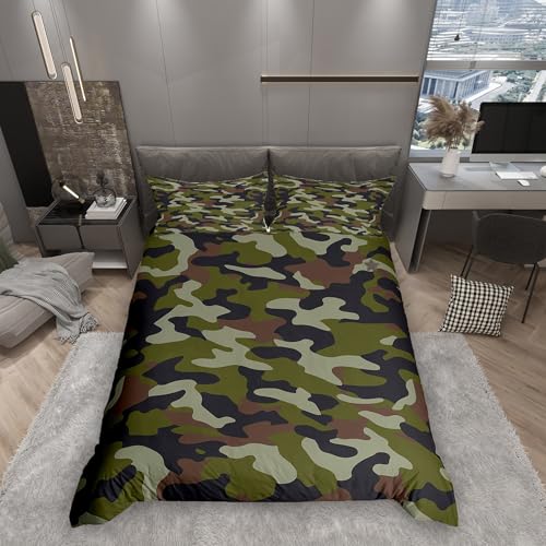 Homemissing Camo Bettwäsche Set 135x200cm Bauernhaus Bettwäsche-Set Wälder Camouflage Bettbezug mit 1 Kissenbezug Jagd mit Reißverschluss Dunkelgrün