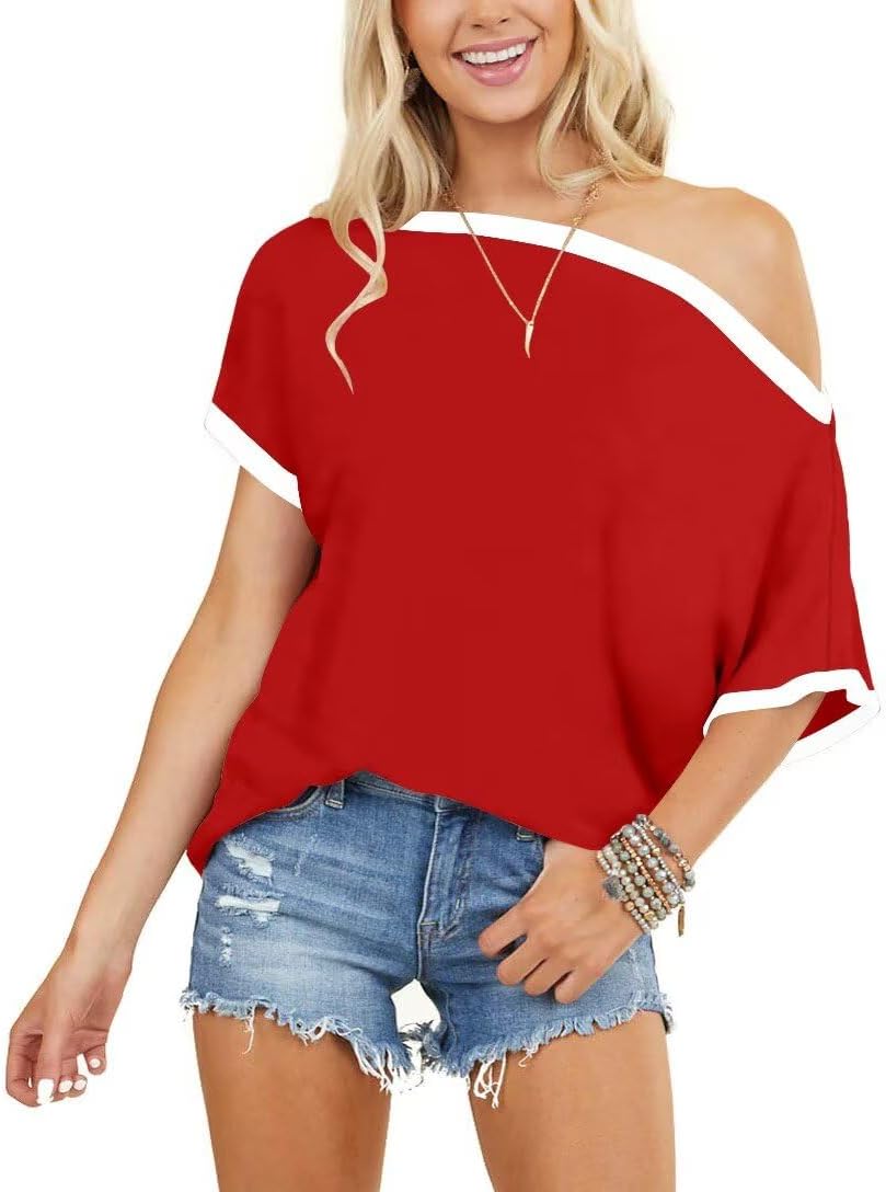 LEEDYA Off The Shoulder Tops for Women Summer Sexy Short Sleeve Color Block T-Shirts Casual Oversized Batwing Tunic Top - Image 2