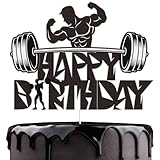 Gym Fitness Happy Birthday Cake Topper Black Glitter Cake Decorations Bodybuilding Gym Weightlifting Barbell Sports Boys Man Fitness Lover Themed Birthday Party Supplies