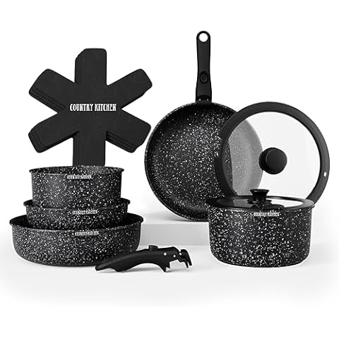 Country Kitchen Cookware Set with Removable Handle, Oven & RV Safe Pots and Pans Set, Black, Original Cover