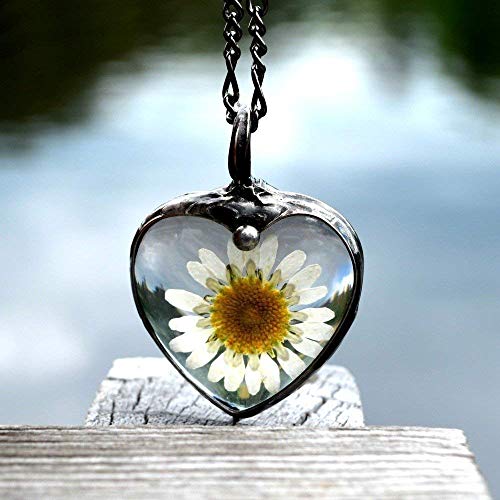 Handmade Real Pressed Flower Daisy Heart Pendant Necklace For Women - Glass Jewelry, Not Resin Won't Yellow, #TOP4