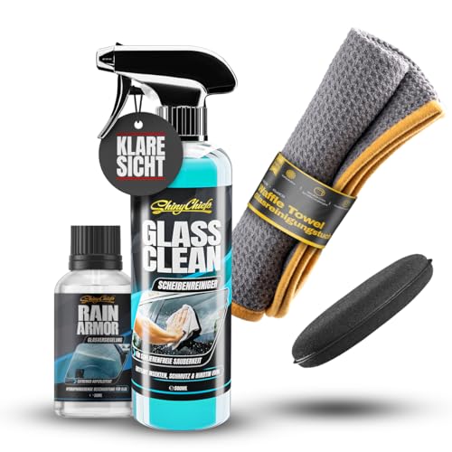 ShinyChiefs RAIN AMOR + WINDOW WASHER SET - Schonender Scheibenreiniger für innen & außen mit hoher Schmutzlösekraft + Autoscheiben-Versiegelung mit hydrophobem Schutz, 2 Mikrofasertücher & Applikator