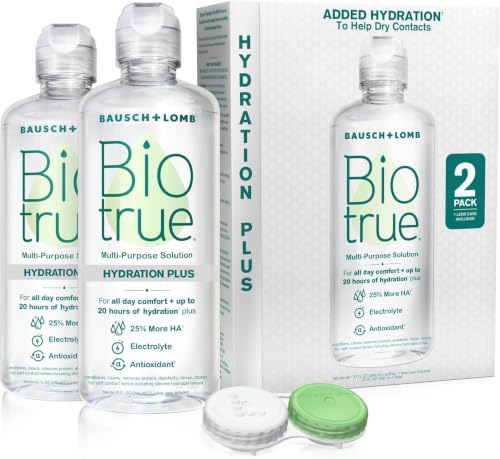 Image of Biotrue Hydration Plus Contact Lens Solution with Lens Case, Multi-Purpose Solution for Soft Lenses, Hydrates with Hyaluronan, Cleans, Clears, and Disinfects for All-Day Comfort, 10 Fl Oz (Pack of 24)