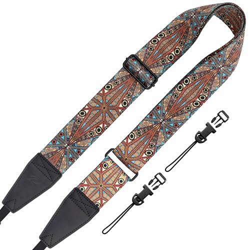 Image of Padwa Lifestyle Extra Long Adjustable Camera Strap for Photographers - 2 inch Wide Full Grain Cowhide Leather Ends Camera Straps with Quick Release for All Cameras,Binoculars(Bohemia Print)