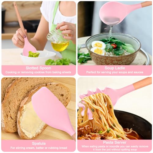 Helterfolg Utensilios Cocina de Silicona, 29 piezas juego de utensilios de cocina de silicona de con soporte para utensilios, mango de madera antiadherente resistente al calor (Rosa) - imagen 4